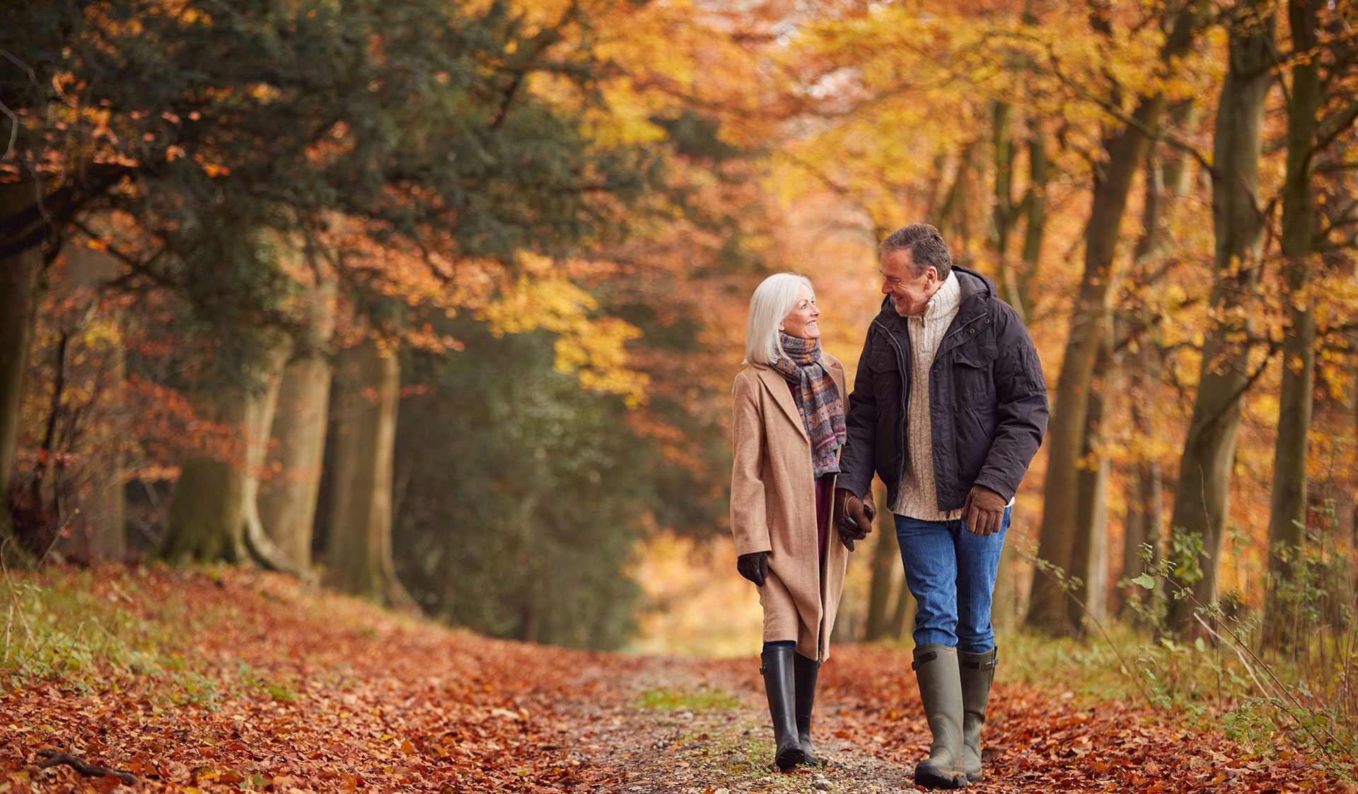 couple walking in the wood s on a fall day